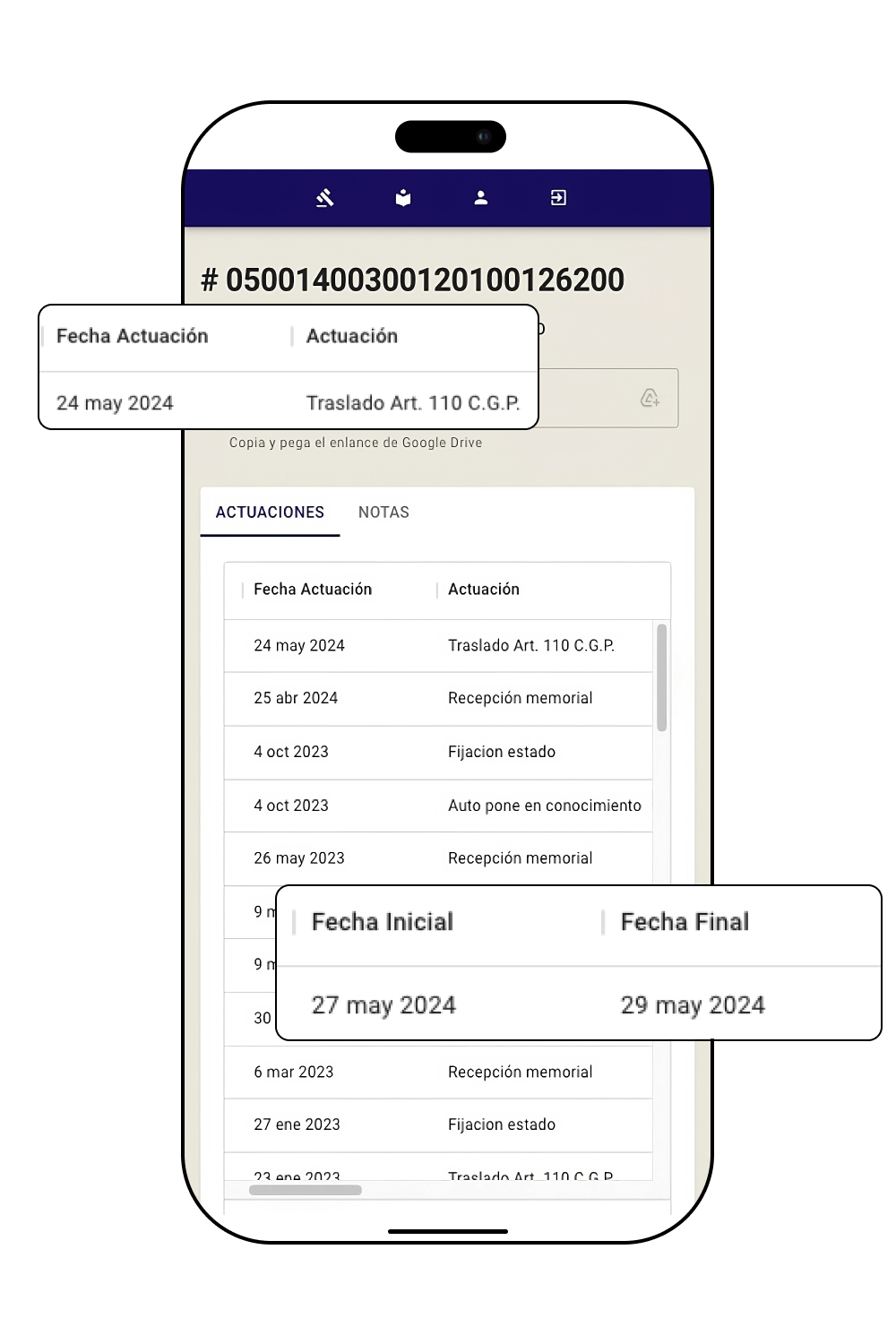 Pantalla de la sección de actuaciones legales de la plataforma lawyers en versión móvil con iconos alrededor que muestran fecha de creación y seguimiento de cada actuación.