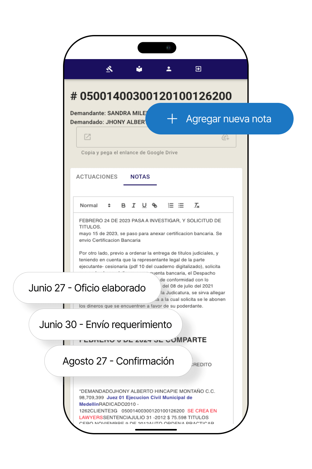 Pantalla de la sección de agregar notas en las  actuaciones legales de la plataforma lawyers en versión móvil con iconos de guardar nota e historial de actuación.