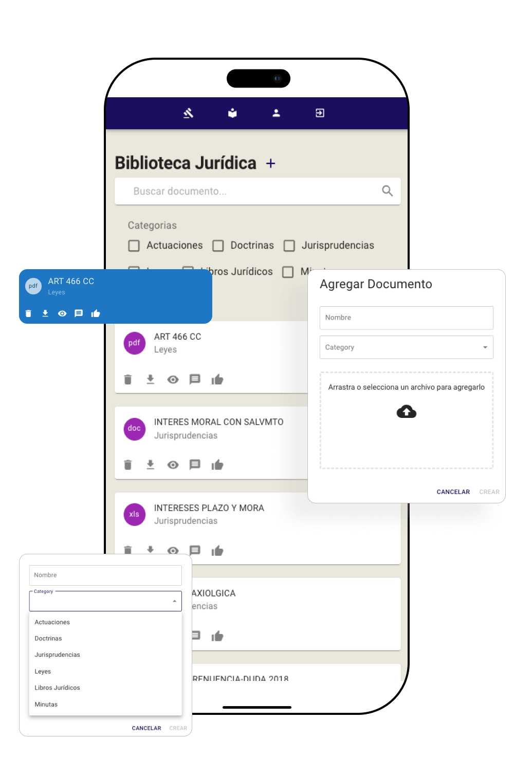 Pantalla de la sección de la biblioteca jurídica de la plataforma lawyers en versión móvil con iconos de guardar documento y documentos existentes 