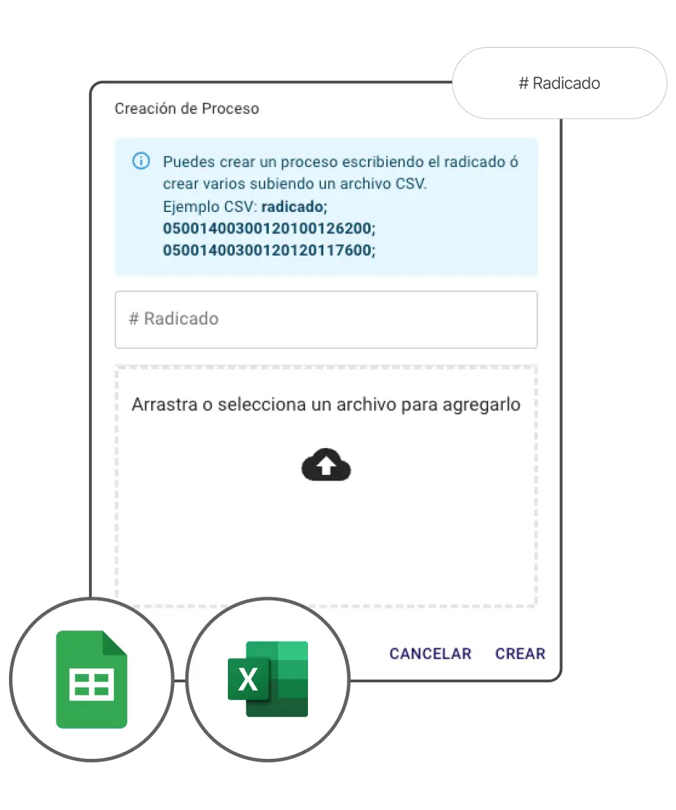 Pantalla para agregar archivos CSV con iconos de excel y google sheets