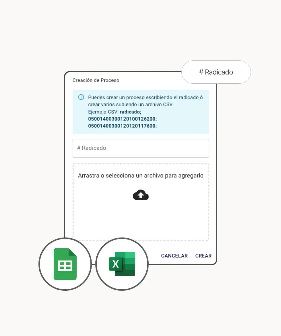 Pantalla de modal para crear un nuevo proceso legal con iconos de Excel y Google Sheets alrededor.