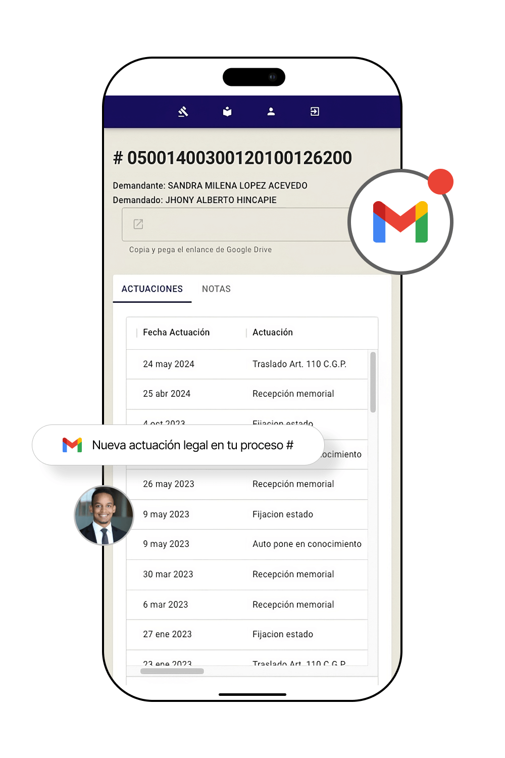 Pantalla de la sección de actuaciones legales de la plataforma lawyers en versión móvil con iconos de gmail y mensajes de éxito alrededor.