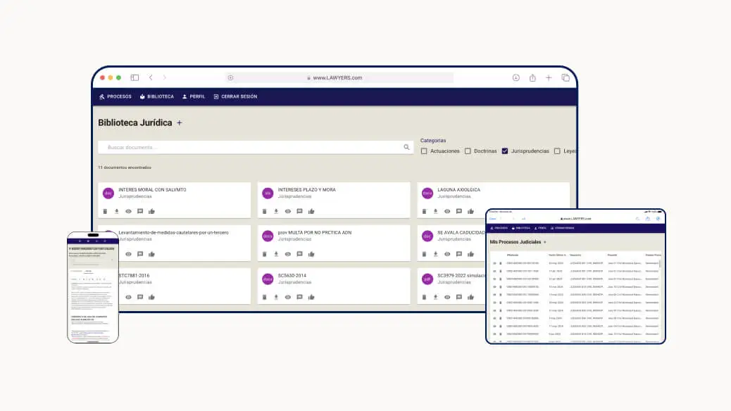 Plataforma lawyers en su pantalla de inicio en versión escritorio, tableta y móvil